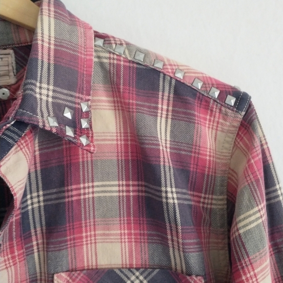 Anthropologie Current/Elliott Plaid Studded Collared Flannel Shirt Size Medium - Picture 6 of 11